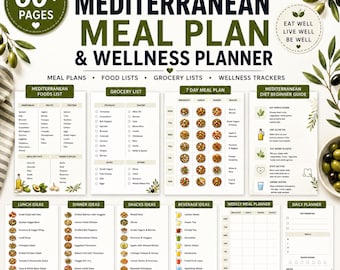 Mediterranean Meal Plan & Food List Printable | Anti Inflammatory Diet Guide, Grocery List, Wellness Planner PDF | A4 US Letter A5
