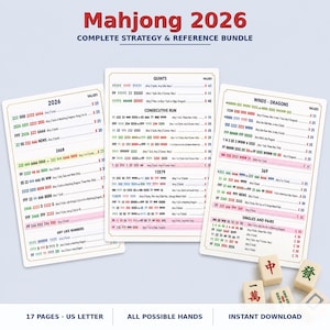 Utskrivbart paket med amerikansk Mahjong 2026 | NMJL-strategiguide, fusklapp för brickkrav, handvridningar, visuella exempel | 16 sidor PDF