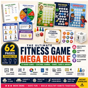 Fitness-Spielepaket für Kinder und Erwachsene zum Ausdrucken | 62-seitige Übungsbrettspiele, Fitness-Bingo, Trainingsjournal | Sport-Übungspausen (PDF)