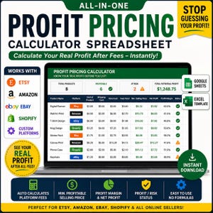 Kalkylblad för e-handelsvinstprissättning | Etsy Amazon eBay Shopify Avgiftskalkylator | Mall för produktprissättning | Google Sheets Excel