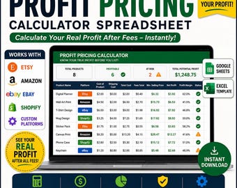 Ecommerce Profit Pricing Calculator Spreadsheet | Etsy Amazon eBay Shopify Fee Calculator | Product Pricing Template | Google Sheets Excel