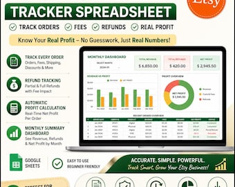 Etsy Sales & Profit Tracker | Refund Fee Order Tracker Spreadsheet | Google Sheets Etsy Accounting Template