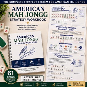 May include: A spiral-bound American Mah Jongg strategy workbook with a white cover featuring a blue bird illustration, dark blue text, and sections for strategy frameworks, decision labs, practice exercises, and self-assessments, 8.5 x 11 inches.