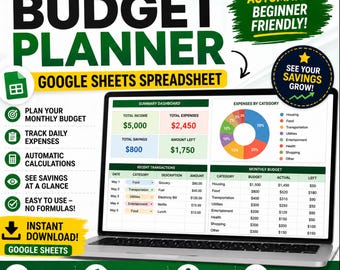 Monthly Budget Planner Google Sheets Spreadsheet | Expense Tracker Template | Simple Personal Finance & Savings Budget for Beginners