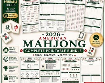 2026 American Mahjong Cheat Sheet Printable Bundle, NMJL Hand Guide, Score Tracker, Strategy Notes & Practice Sheets