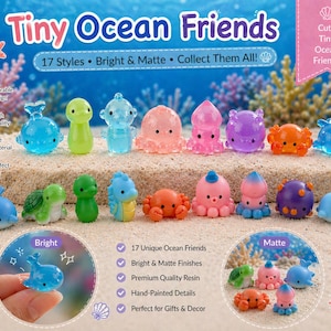 May include: A collection of colorful, miniature ocean-themed figurines, including dolphins, octopuses, and crabs. The figurines are in bright and matte finishes. The text "Tiny Ocean Friends" and "17 Styles" are visible.