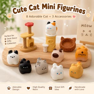 May include: A set of eight small cat figurines in various colours and patterns, including black, white, orange, and brown. The set includes three accessories: a yellow cat tree with a red flower top, a yellow scratching post, and a brown cat bed.