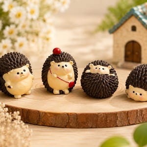 May include: Four small hedgehog figurines with brown spines and cream-coloured bodies are arranged on a wooden slice. One hedgehog carries a blue satchel, another holds a red heart, and two are curled up. A miniature house is in the background.