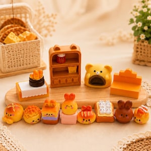 15 PCS Cute Bear Bread Bakery Miniature Set | Kawaii Mini Resin Figurine | Dollhouse Accessorie | Mini Bakery Furniture | Gift for Collector