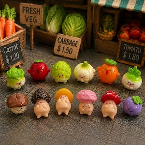 Mini Mushroom+Veggie Figurines Set of 12, Cute Resin Fairy Garden Decor, Kawaii Plant Pot Accessories, Tiny Desk Decor, Gift for Plant Lover