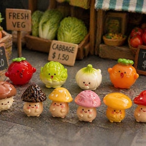Mini Mushroom+Veggie Figurines Set of 10, Cute Resin Fairy Garden Decor, Kawaii Plant Pot Accessories, Tiny Desk Decor, Gift for Plant Lover