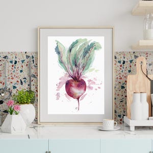 Akvarell väggkonst med rödbetor | Botaniskt kökstryck | Illustration av rödbetor och grönsaker | Vegetarisk dekorationsmålning