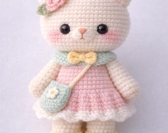 Patrón de crochet para amigurumi de niña gato / Muñeca kawaii con vestido (PDF)