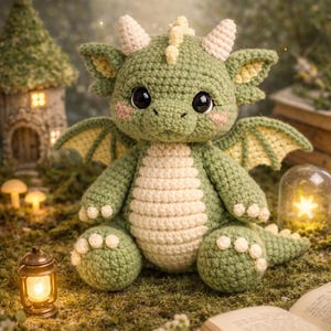 Puede incluir: Un drag&oacute;n de ganchillo hecho a mano en tonos verdes y crema, con grandes ojos negros y mejillas rosadas. El drag&oacute;n tiene peque&ntilde;as alas y est&aacute; sentado sobre un lecho de musgo, con una casa en miniatura y una linterna en el fondo.