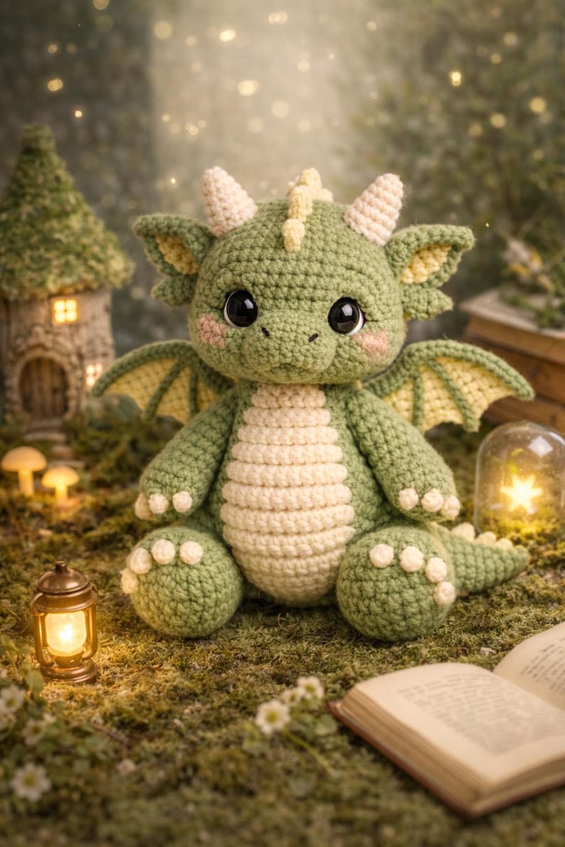 Puede incluir: Un drag&oacute;n de ganchillo hecho a mano en tonos verdes y crema, con grandes ojos negros y mejillas rosadas. El drag&oacute;n tiene peque&ntilde;as alas y est&aacute; sentado sobre un lecho de musgo, con una casa en miniatura y una linterna en el fondo.
