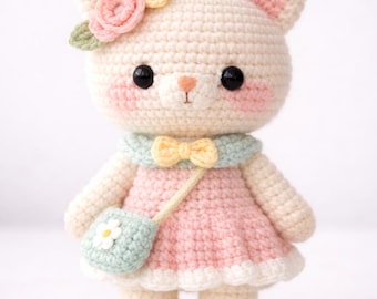 Muñeco de gato de ganchillo hecho a mano / Peluche amigurumi con vestido pastel