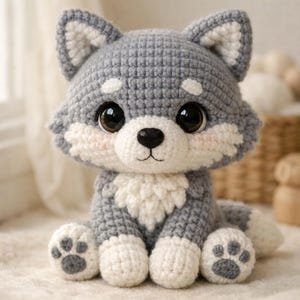 Może przedstawiać: Ręcznie robiona szydełkowa pluszowa zabawka w kształcie wilka w kolorze szarym i białym. Wilk ma duże, ciemne oczy, czarny nos i różowe policzki. Łapy mają szare odciski łap. Ta miękka zabawka to uroczy, przytulny przedmiot.
