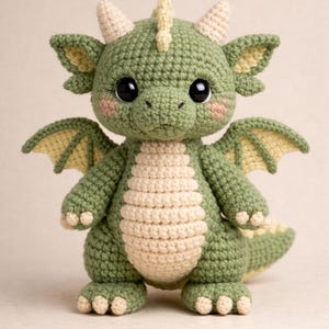 Puede incluir: Un drag&oacute;n de ganchillo hecho a mano en tonos verdes y crema. El drag&oacute;n tiene grandes ojos negros, peque&ntilde;os cuernos y alas. El vientre del drag&oacute;n es de color crema y tiene peque&ntilde;os pies redondeados. Un juguete de peluche encantador y caprichoso.