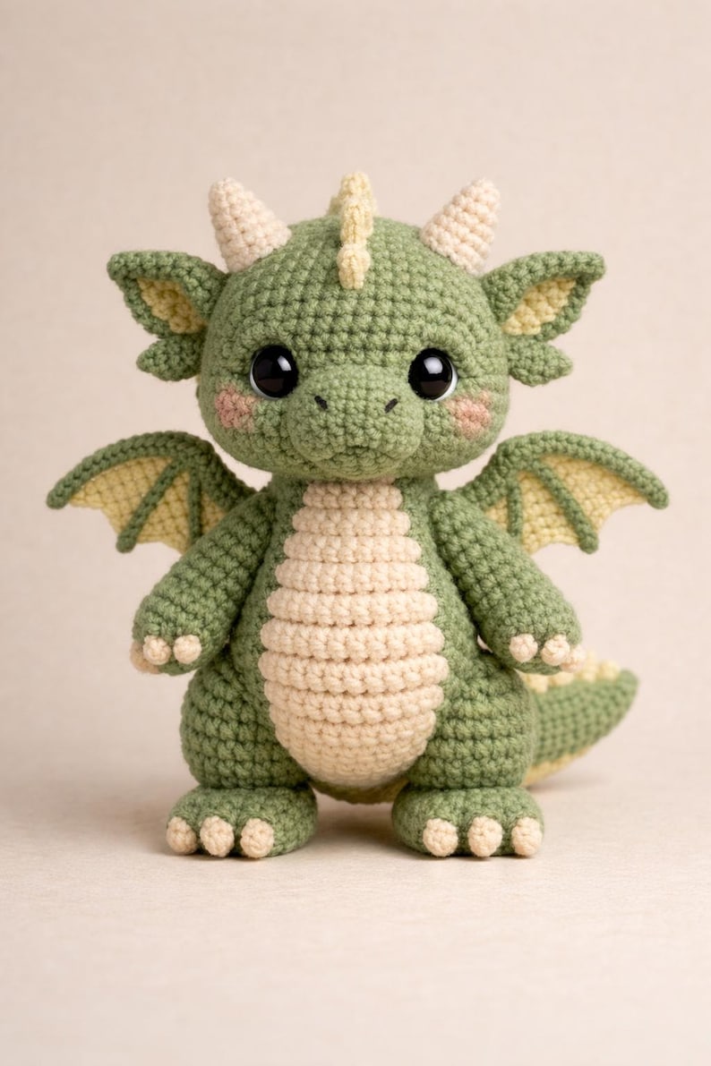 Puede incluir: Un drag&oacute;n de ganchillo hecho a mano en tonos verdes y crema. El drag&oacute;n tiene grandes ojos negros, peque&ntilde;os cuernos y alas. El vientre del drag&oacute;n es de color crema y tiene peque&ntilde;os pies redondeados. Un juguete de peluche encantador y caprichoso.