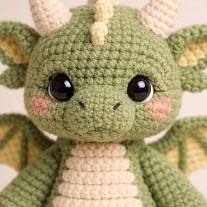Puede incluir: Un drag&oacute;n de ganchillo hecho a mano en tonos verdes y crema. El drag&oacute;n tiene grandes ojos negros, mejillas rosadas y peque&ntilde;os cuernos color crema. Las alas y el vientre son de color crema claro. Un juguete suave y caprichoso.