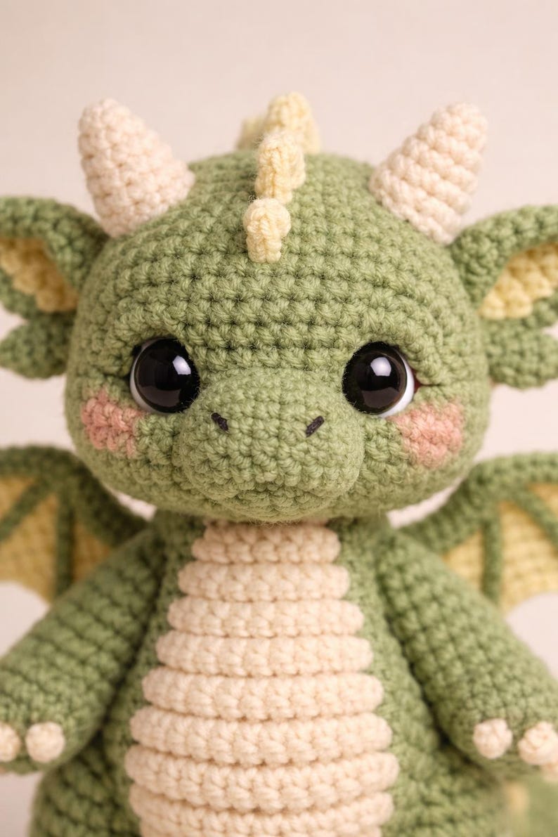Puede incluir: Un drag&oacute;n de ganchillo hecho a mano en tonos verdes y crema. El drag&oacute;n tiene grandes ojos negros, mejillas rosadas y peque&ntilde;os cuernos color crema. Las alas y el vientre son de color crema claro. Un juguete suave y caprichoso.