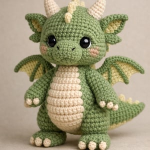 Puede incluir: Un drag&oacute;n de ganchillo hecho a mano en tonos verdes y crema. El drag&oacute;n tiene grandes ojos negros, peque&ntilde;os cuernos color crema y delicadas alas. El vientre del drag&oacute;n es color crema, y los pies y la cola tienen detalles crema. Es un juguete suave y caprichoso.