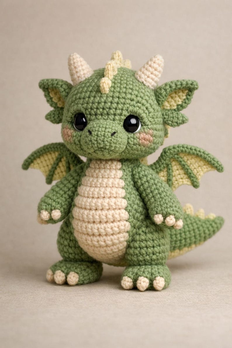 Puede incluir: Un drag&oacute;n de ganchillo hecho a mano en tonos verdes y crema. El drag&oacute;n tiene grandes ojos negros, peque&ntilde;os cuernos color crema y delicadas alas. El vientre del drag&oacute;n es color crema, y los pies y la cola tienen detalles crema. Es un juguete suave y caprichoso.
