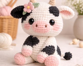 Peluche de vaca de ganchillo hecho a mano / Decoración de granja para guardería, regalo para bebé