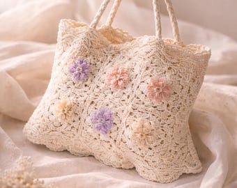 Bolso de mano bohemio de verano con flores de ganchillo hecho a mano