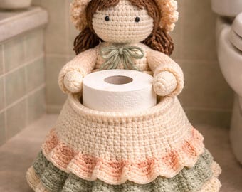 Muñeco porta rollo de papel higiénico de crochet: decoración vintage para baño hecha a mano