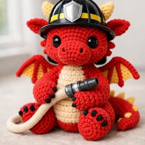 May include: A handmade red crochet dragon wearing a black firefighter helmet with a silver badge and yellow stripe. The dragon has yellow horns, wings, and a beige belly. It holds a beige hose with a black nozzle.