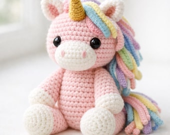 Unicornio de peluche rosa de ganchillo / Juguete amigurumi de melena arcoíris / Decoración infantil en tonos pastel
