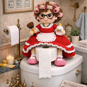 Può includere: Bambola all'uncinetto di una donna con bigodini, occhiali e un vestito rosso, che tiene uno sturalavandini e una bottiglia di sapone, seduta su un water. La bambola è circondata da accessori per il bagno, tra cui un rotolo di carta igienica.