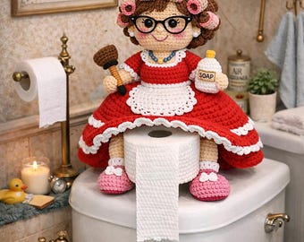 Patrón de porta rollo de papel higiénico de abuela a crochet / Divertido amigurumi para baño (Patrón PDF)