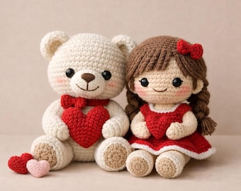 Muñeca de pareja de osos de peluche de ganchillo hecha a mano / Muñeca de amor amigurumi con corazones / Regalo de San Valentín