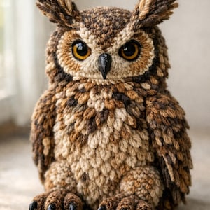 May include: A handcrafted owl figurine with detailed crochet work. The owl features a mix of brown and tan yarns, creating a textured appearance. It has large, expressive yellow eyes, a black beak, and pointed ear tufts. The owl's talons are black.
