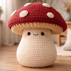 May include: A handmade crochet mushroom plushie with a red cap featuring white spots. The mushroom has a beige stem and a smiling face with rosy cheeks. It is a whimsical decorative item.