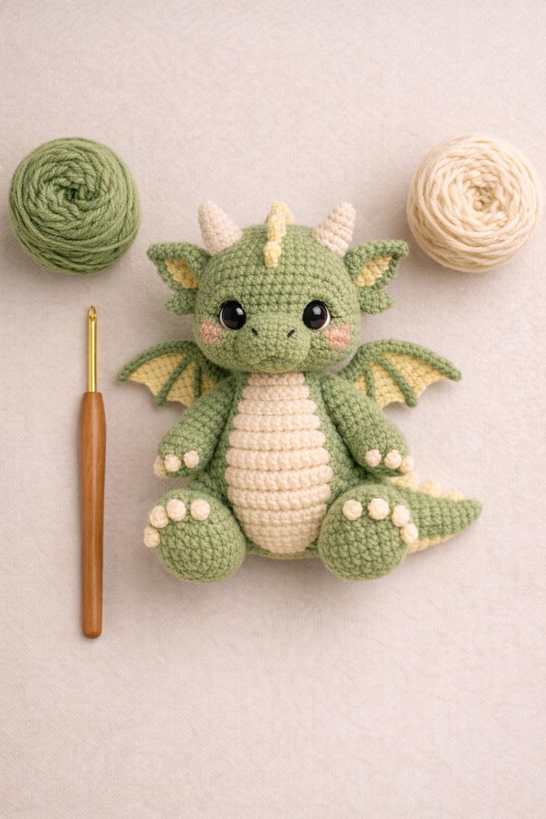 Puede incluir: Un drag&oacute;n de ganchillo hecho a mano en tonos verdes y crema, con peque&ntilde;as alas y cuernos. Un ganchillo y dos ovillos de lana en colores a juego se colocan cerca del drag&oacute;n. El drag&oacute;n tiene una expresi&oacute;n amigable.