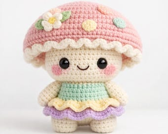 Muñeco de hongo de ganchillo hecho a mano / Decoración infantil kawaii en tonos pastel