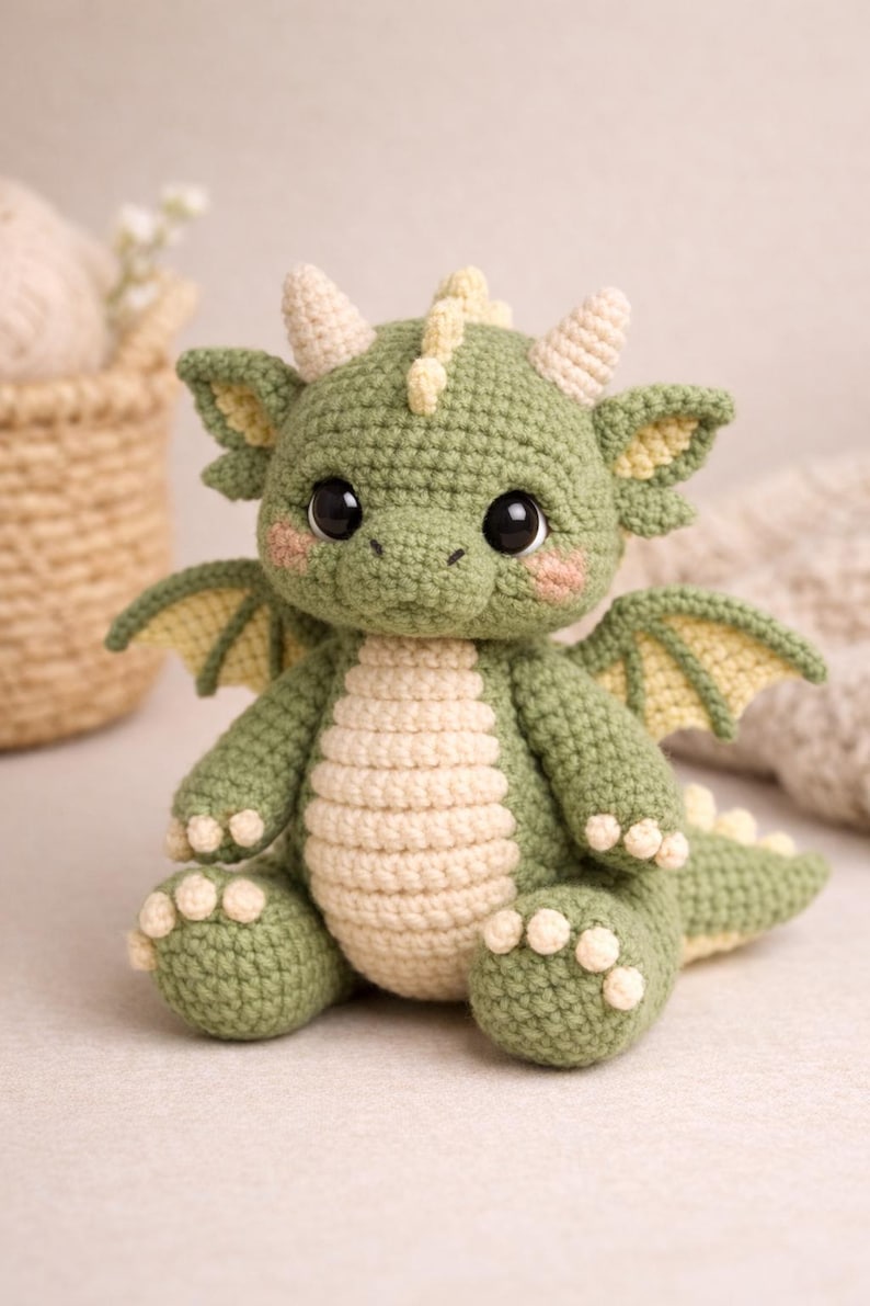 Puede incluir: Un drag&oacute;n de ganchillo hecho a mano en tonos verdes y crema. El peluche tiene grandes ojos negros, peque&ntilde;os cuernos y alas. El drag&oacute;n est&aacute; sentado, mostrando su vientre y pies color crema. Una criatura encantadora y caprichosa.