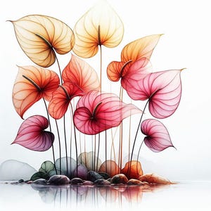May include: An artistic rendering of several anthurium flowers in shades of pink, red, and orange. The flowers have delicate, translucent petals and are set against a white background. The stems are thin and dark, and the flowers appear to be reflected in water.