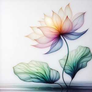 May include: A colorful lotus flower illustration with a white background. The flower petals transition from white to yellow, pink, and purple. Two green and blue leaves are at the base of the stem, with a reflection of the flower in the water.