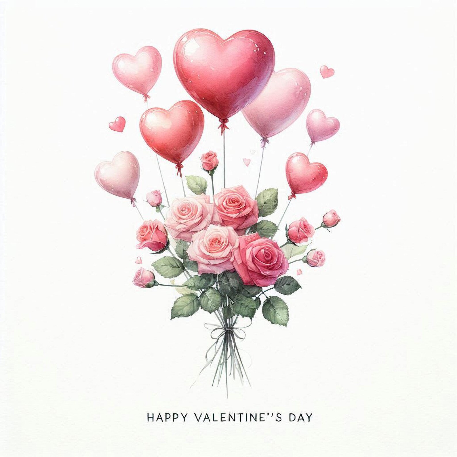 20 Watercolor Valentine's Day Clipart: Pink Roses and Heart Balloons ...