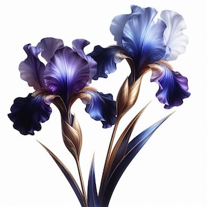 May include: Two iris flowers with layered petals in shades of purple, blue, and white, with bronze-colored stems and leaves against a white background. The flowers are in full bloom, showcasing their intricate details.