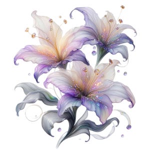 Puede incluir: Representación artística de tres lirios en tonos blancos, morados y dorados. Los pétalos tienen una cualidad translúcida, con acentos brillantes. Los tallos y las hojas son de un gris apagado, creando un diseño floral suave y etéreo.