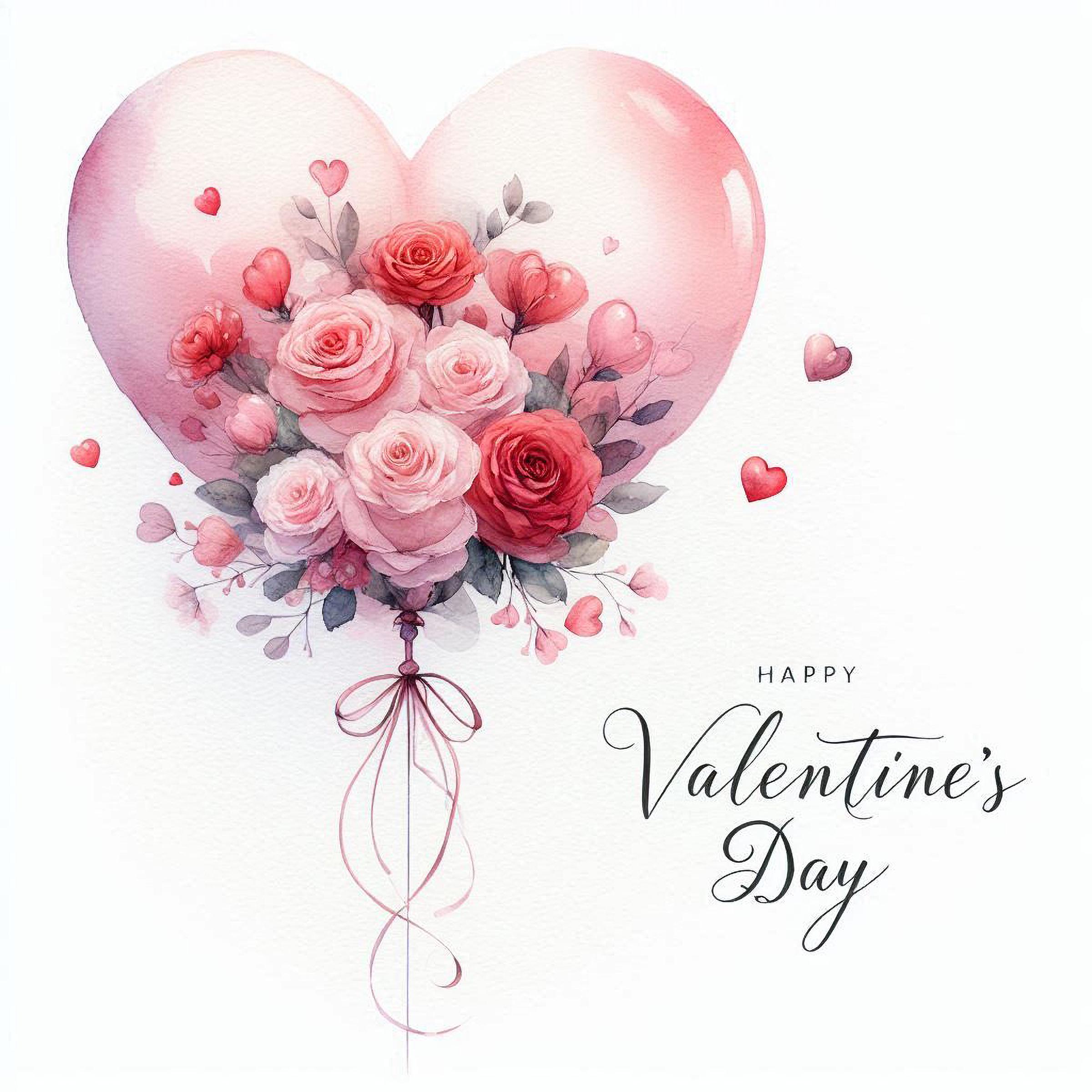 20 Watercolor Valentine's Day Clipart: Pink Roses and Heart Balloons ...
