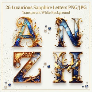 26 cliparts alphabet saphir et or de luxe, monogramme élégant incrusté d'or pour mariages, marque de bijoux, sublimation, papeterie personnalisée