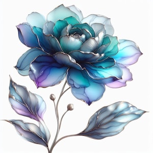 Könnte beinhalten: Eine digital gerenderte Blume in Blau-, Türkis- und Lilatönen. Die Blütenblätter haben eine transparente Qualität mit silbernen Umrissen. Der Stiel und die Blätter sind ein gedämpftes Silberblau, mit kleinen Knospen. Der Hintergrund ist weiß.