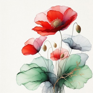 May include: Watercolor painting of vibrant red poppies with gold centers and seed pods. The artwork features delicate, translucent petals and green, blue, and gold foliage against a white background. The floral arrangement is a beautiful display of nature.