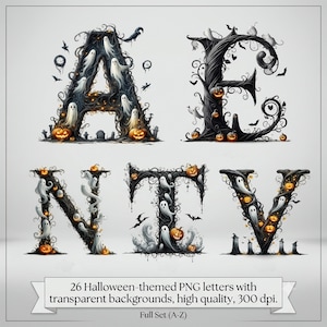 Pode incluir: Um conjunto de 26 letras digitais com um design de ramos escuros e retorcidos adornados com fantasmas brancos, abóboras cor de laranja e morcegos. As letras A, E, N, T e V são exibidas com o texto 26 Halloween-themed PNG letters with transparent backgrounds, high quality, 300 dpi. Full Set (A-Z).